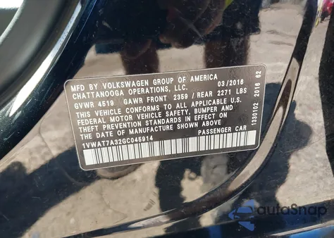 2016 Volkswagen Passat 1.8T S из США, поврежденный, VIN 1VWAT7A32GC045914